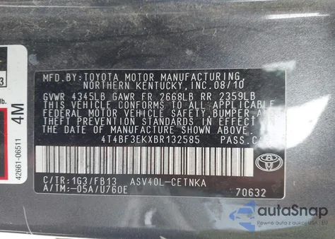 2011 Toyota Camry Le z USA, uszkodzony, nr VIN 4T4BF3EKXBR132585